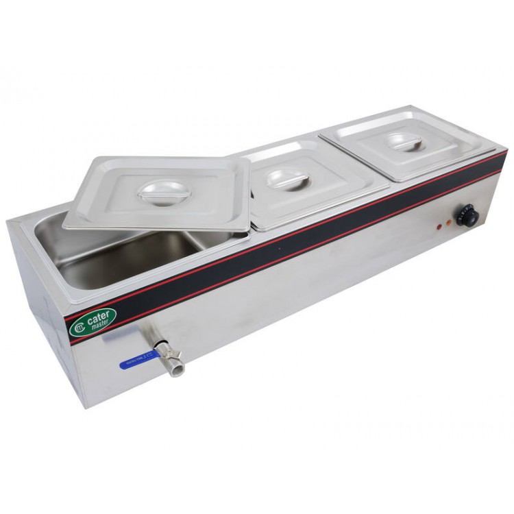 Hot Food Warmer Bain Marie 3x 1/2 GN Tray + Lids - 1.5kW - Commercial Bainmarie
