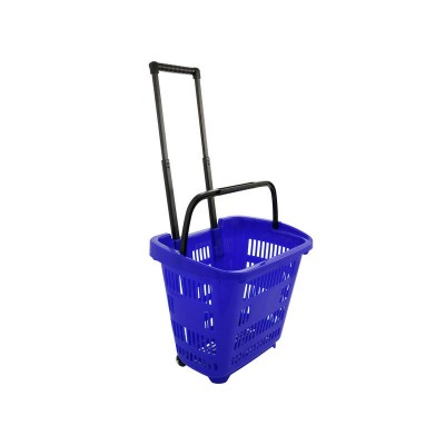 Trolley Shopping Basket with Pull Out Handle & Wheels - Heavy Duty Blue Plastic