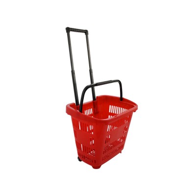 Trolley Shopping Basket with Pull Out Handle & Wheels - Heavy Duty Red Plastic
