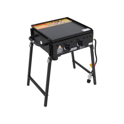 2 Burner Gas BBQ with Folding Legs - Portable Barbeque - Flat Hot Plate Barbecue