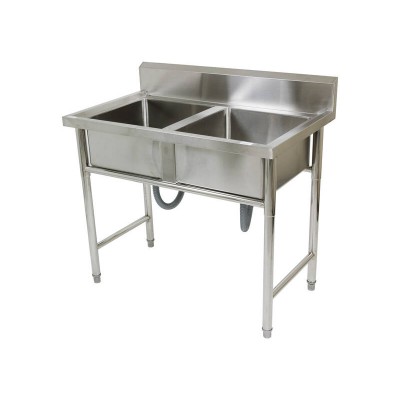 1.1m x 65cm Stainless Steel Commercial Kitchen Double Sink Bench with Splashback
