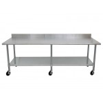 2.4m Stainless Steel Mobile Commercial Kitchen Bench 6 Wheels, Splashback, Shelf