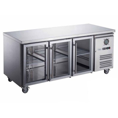 1.8m Commercial Chilled Prep Bench - 3 Glass Door Stainless Steel Refrigerator