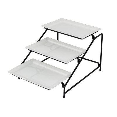 3 Tier Rectangular Plate Stand | 3x Ceramic Food Platter | Commercial Tableware
