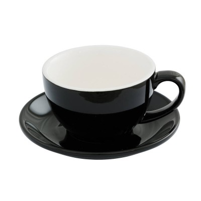300ml Latte Coffee Cup & 15cm Saucer - Black, Glazed Porcelain