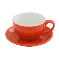 300ml Latte Coffee Cup & 15cm Saucer - Orange, Glazed Porcelain