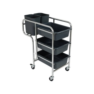 3 Tier Trolley Service Cart | 3x Deep Tray + 2x End Bins | Commercial Cleaning