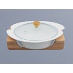 White Porcelain 1L Soup Tureen Bowl Bamboo Stand