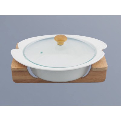 White Porcelain 1L Soup Tureen Bowl Bamboo Stand