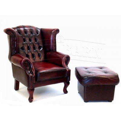 Leather Chesterfield Wingback Armchair & Ottoman Top Grain Leather
