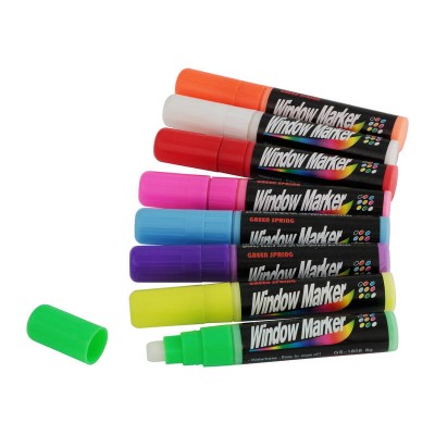 Glass Marker Pens 8 Pack Water Based Fluorescent Colour - 8mm Flat Tip