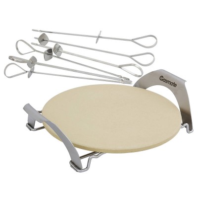 Gourmet BBQ Set - 34cm Pizza Stone & Stainless Steel Rack with 6 Skewers