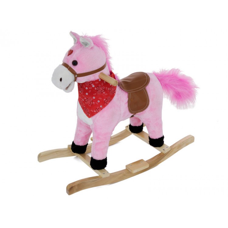 Kids Plush Rocking Horse with Sound - Pink with Wooden Base