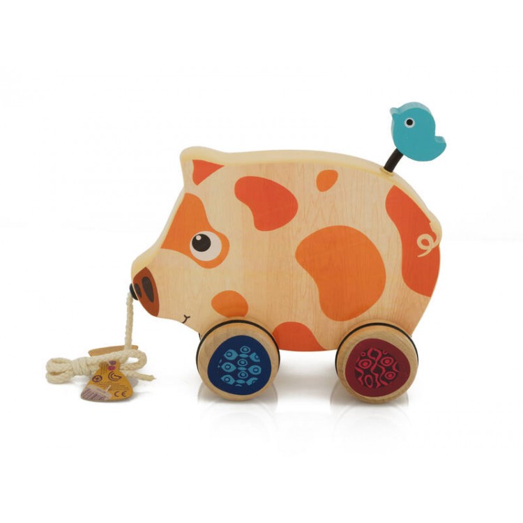 Wooden Pig Toy Wheeled Piggy Pull-Along