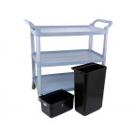 3 Tier Trolley Service Cart | 3x Shelf Tray + 2x End Bins | Commercial Cleaning